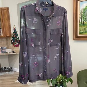 GAP Sheer Floral Button-Down Shirt - Gray with soft purples
